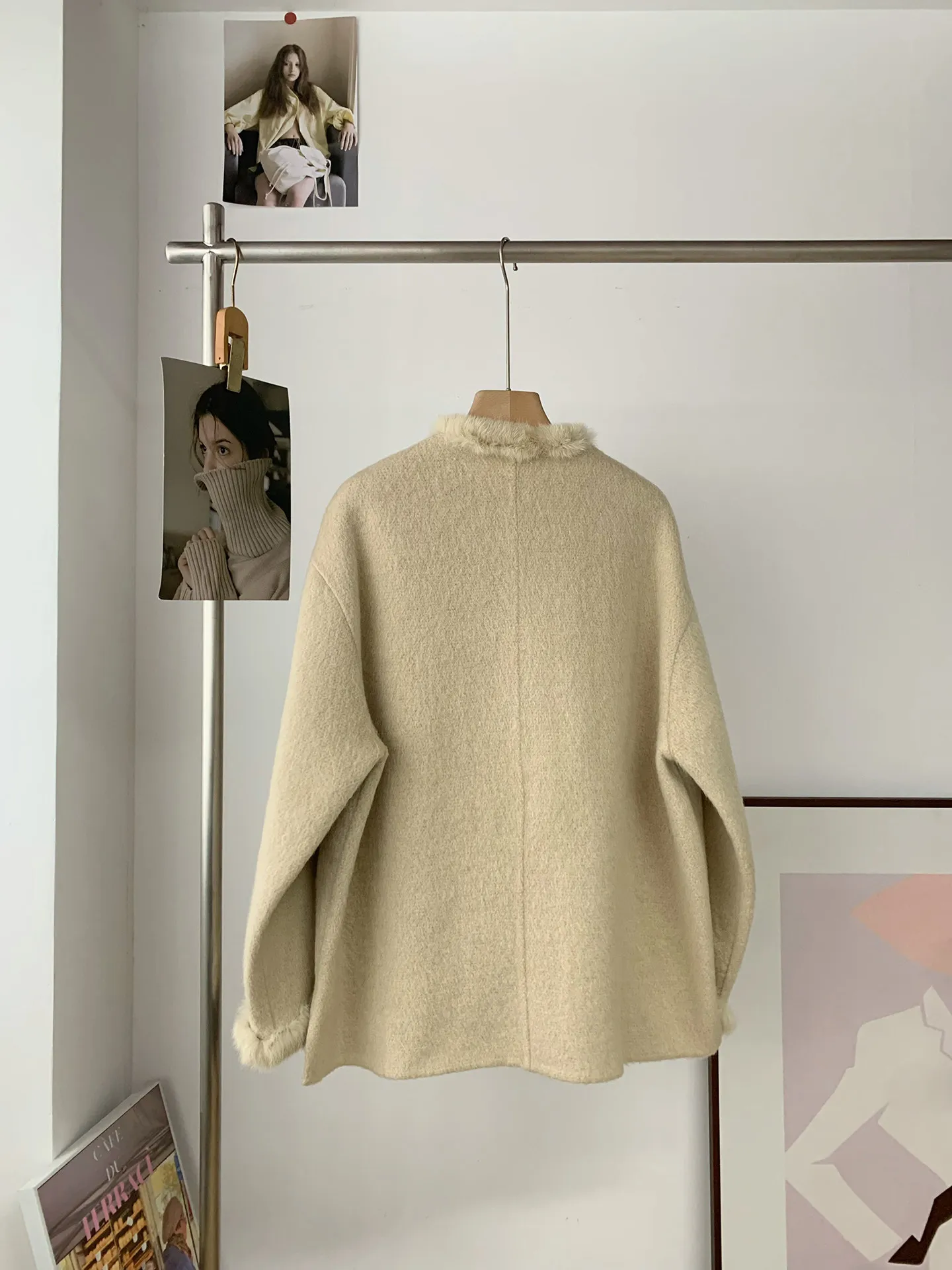 Korean Style Hand Sewn Premium Double Face Alpaca Wool Coat Womens Short Rabbit Fur Trim Spliced Woolen Jacket Winter Outerwear