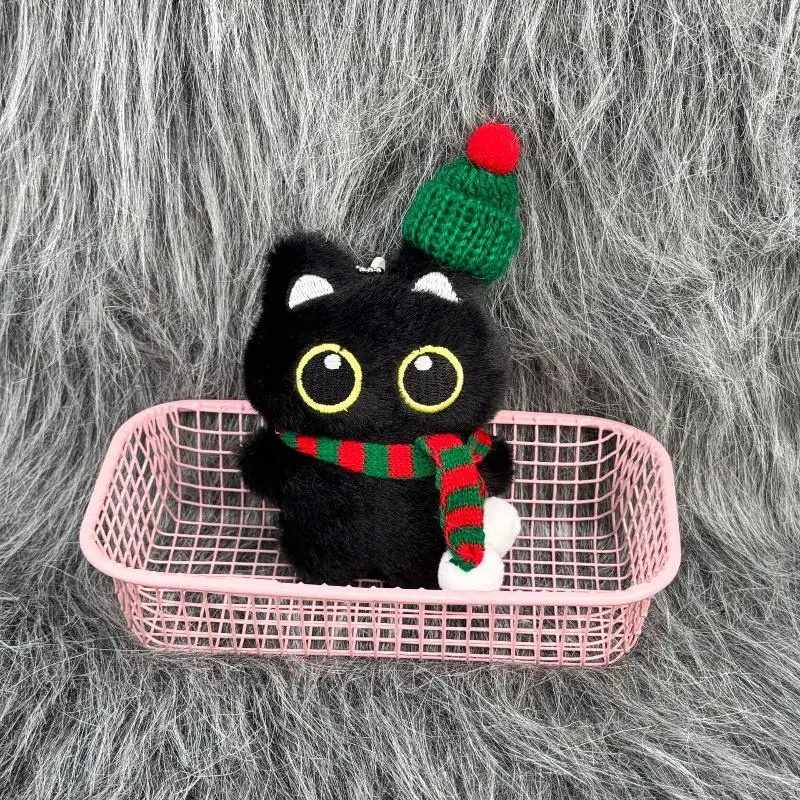 Cartoon Christmas Plush Black Cat Keychain Backpack Hanging Decoration Kawaii Soft Stuffed Doll Toy Bag Pendant Couples Gift