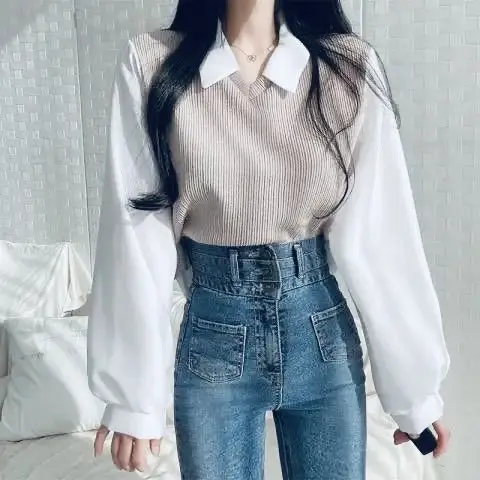 

2025 Base Shirt New Women's T-shirt POLO Women's Long Sleeved Outer Loose Fake Two-piece Top