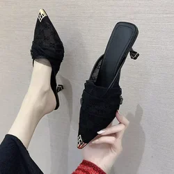 Shoes Pointed Toe Heeled Women's Slippers and Ladies Sandals Job Outside Slides Stiletto Black Mules Sexy Wholesale W Footwear F