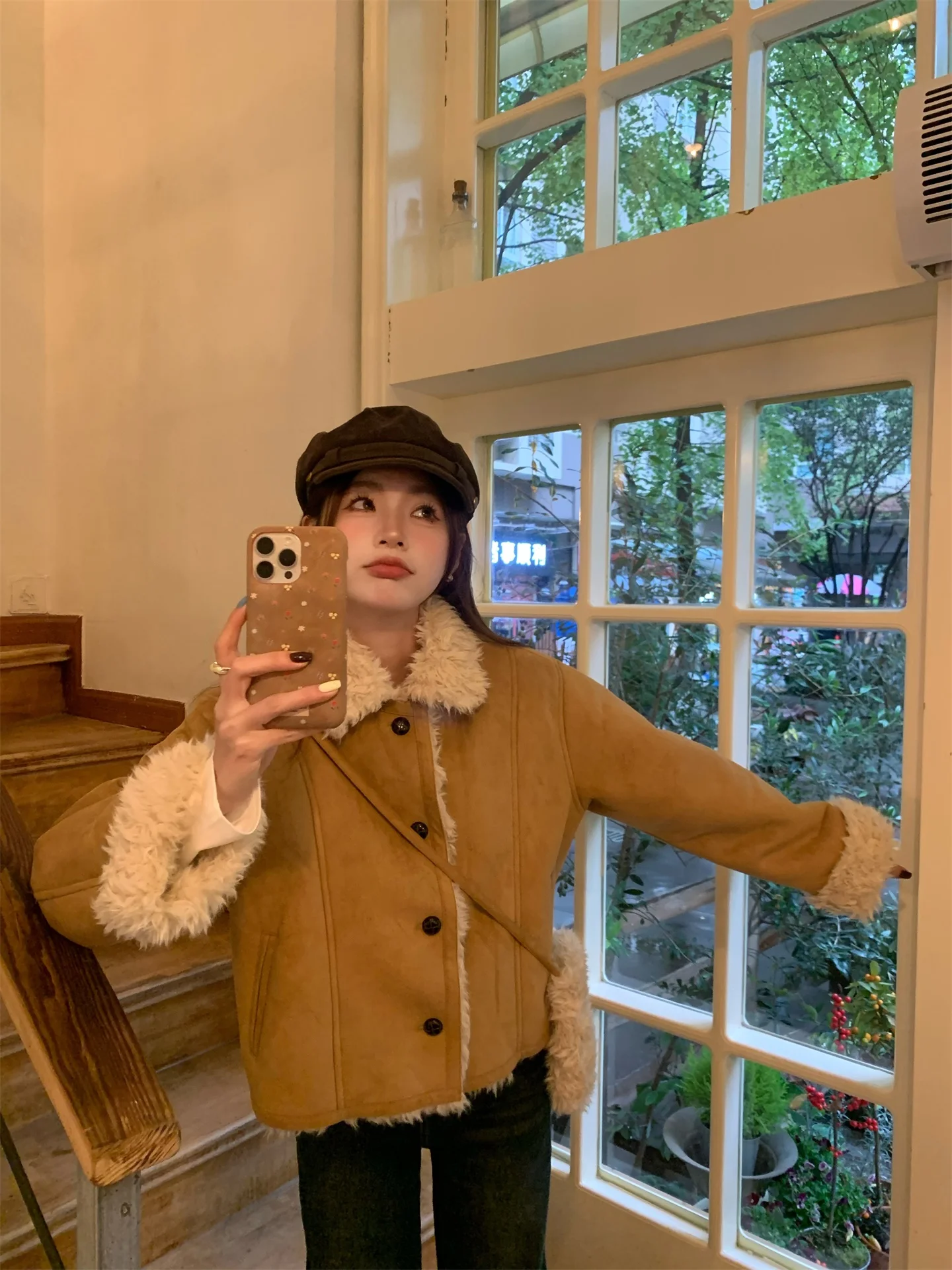 RREPEAT2025 Autumn Winter ort Sle Suede Leather Fur Inteated Jaet Eco Friendly Fur Collar Upturned Ladies Outerwear