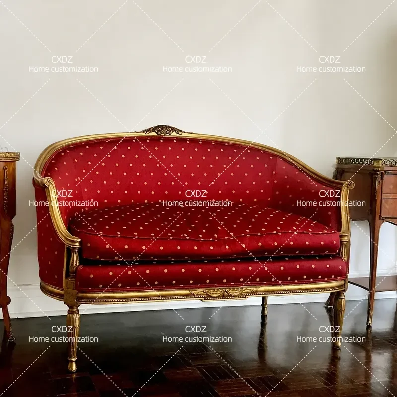 Solid Wood Carved Floral Retro 3 Seater Sofa Old Gold Fabric Neoclassical Light Luxury Leisure Couch for Living Room