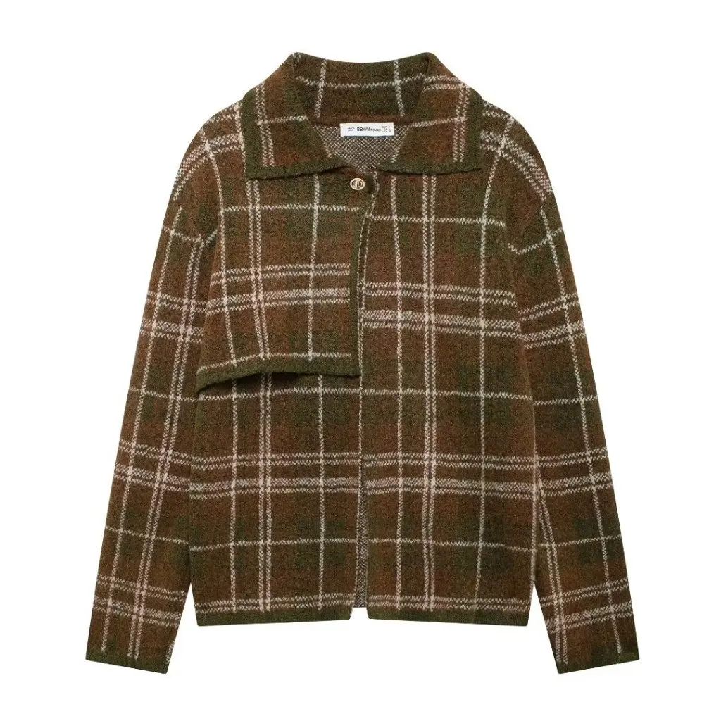 

Женская винтажная клетчатая вязаная куртка с длинным рукавом, осенняя модная верхняя одежда, повседневный стиль на бретельках