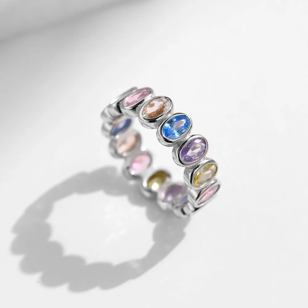 

GL Dopamine Rainbow Diamond-Encrusted Ring for Women, Japanese-Korean Style Fresh and Sweet Multi-Diamond Ring, Ideal Gift