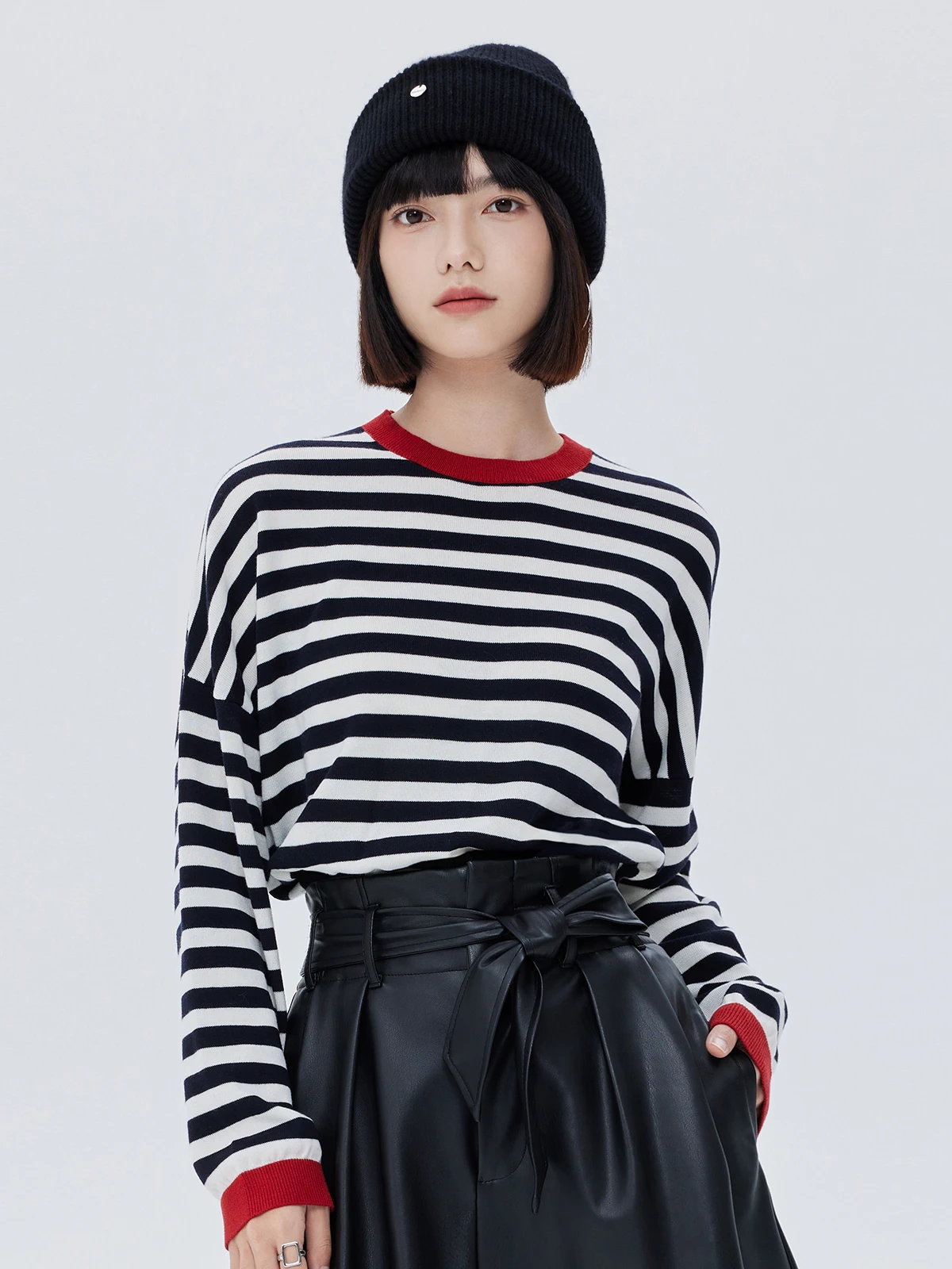 

Women's Loose Long Sve round Ne Knitted Base irt Wool Blend Spring New Sle Striped Color Blo Casual Top