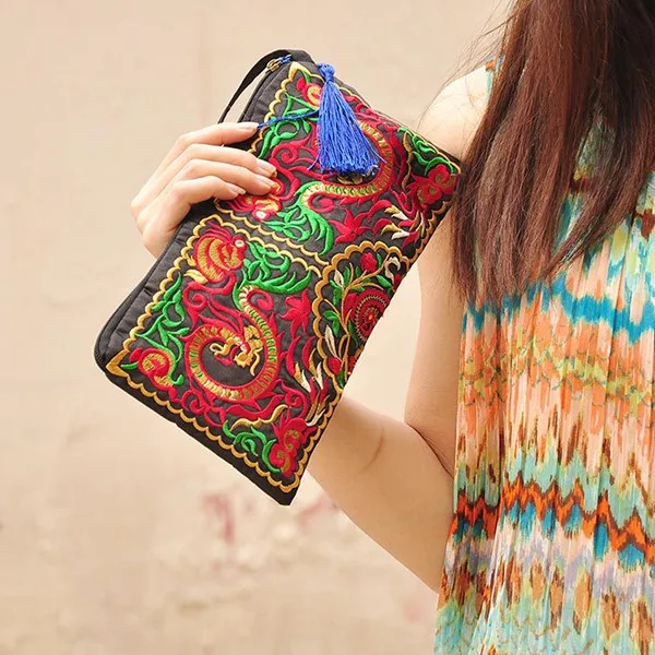 Women Floral Embroidered Boho Wristlet Girls Evening Clutch Bags Handbags Handmade Beach Bag With Lanyard