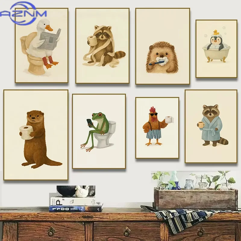 AZNM Funny Otter Toilet Paper Duck Reading on Toilet Poster Raccoon Animal Wall Art Bathroom Canvas Painting Print Nursery Home