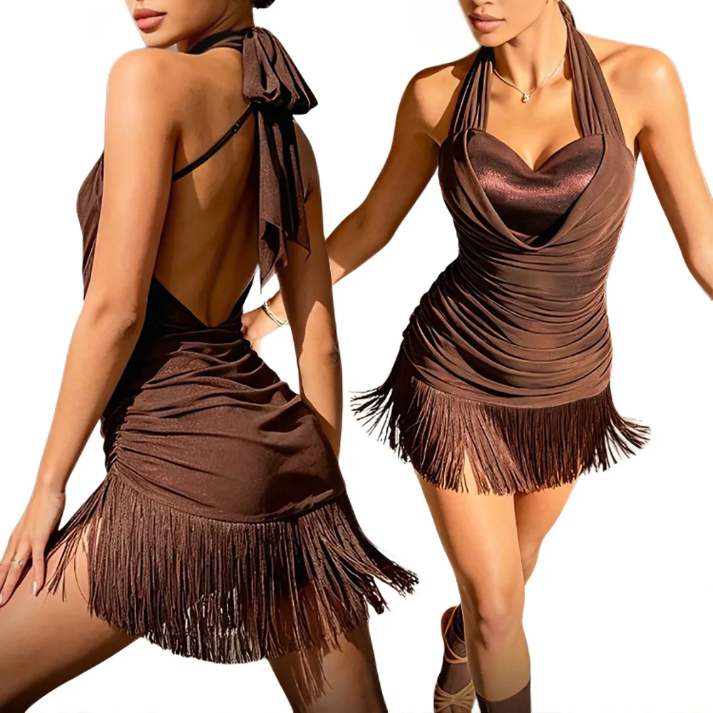 Women Halter Latin Dance Dress Shiny Glitter Fringe Ruched Backless Tango Cha Cha Competition Costume Brown