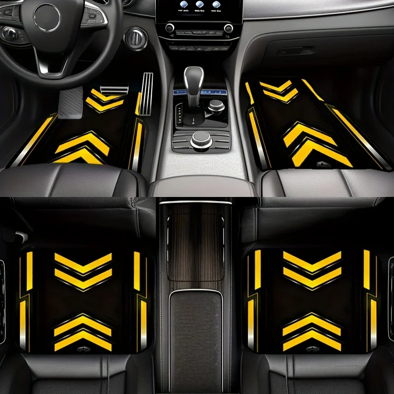 4pcs Yellow And Black Mecha Style Car Mats - Cool Warning Style, Wear-Resistant, Anti-Slip, Universal Fit For Most Vehicles. Com