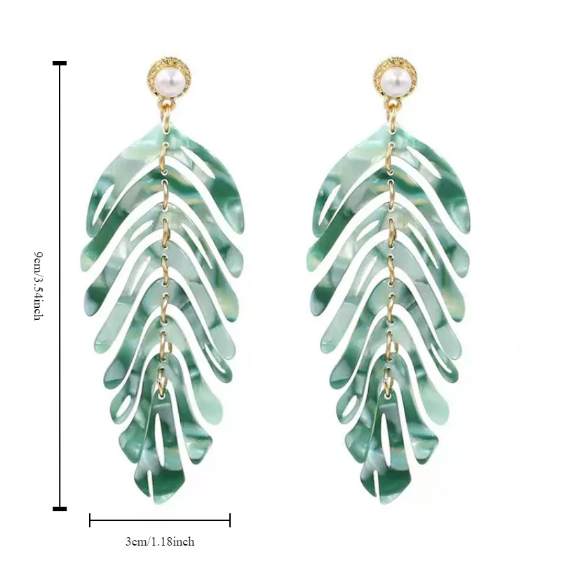 Fashion Stylish Resin Exaggerated Clip on Earrings Unique Design Elegance Long Green Leaf Pearl Ear Clips Without Ear Holes