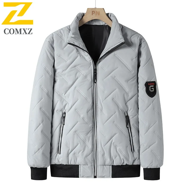 COMXZ 2025 Mens Korean Wrinkle Quilted Stand Collar Thickened Winter Jacket Tactics Waterproof and Windproof Outdoor Sports Coat