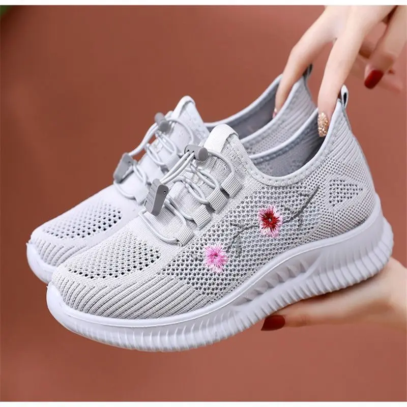

Summer Women Embroidered Shoes Lace Up Mesh Sneakers Soft Bottom Non Slip Casual Walking Shoes Breathable Female Footwear