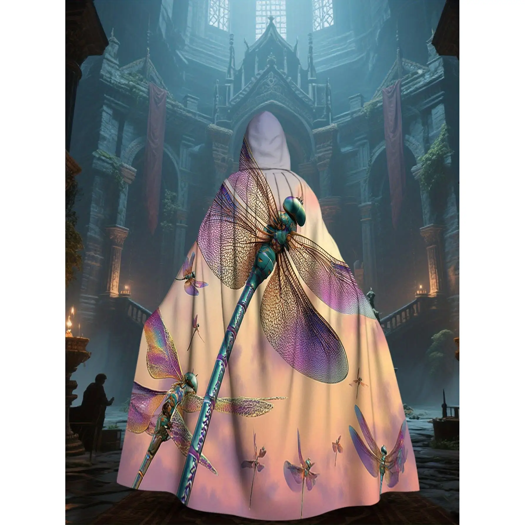 1pc Medieval Dragonfly Cape Hooded Costume Long Flowing Pink Purple Blue Peach Renaissance Cloak for Polyester All-Season Wear