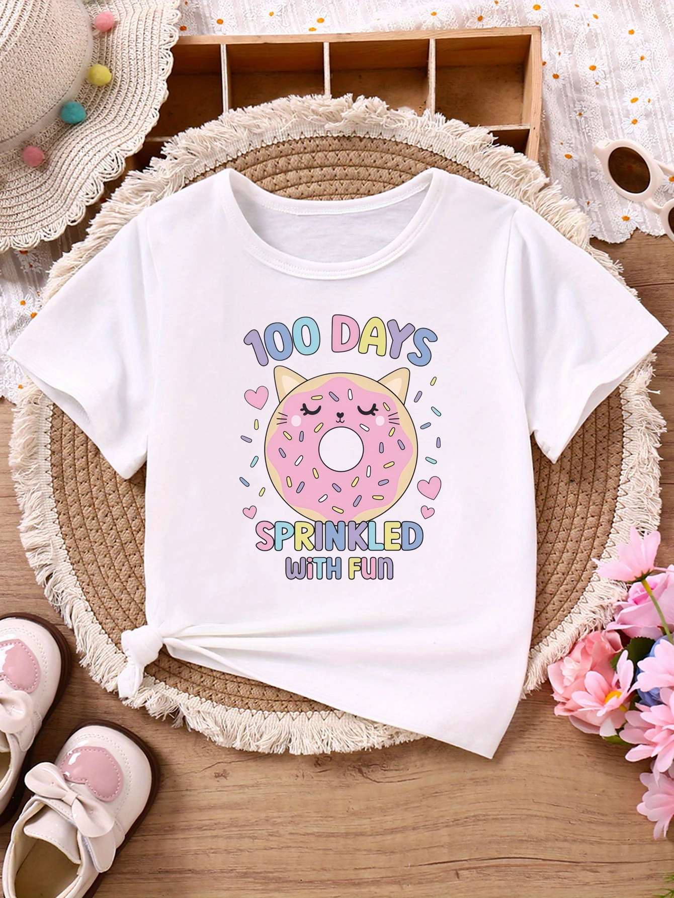 Funny 100 Days Sprinkled With Fun Donut Printed T Shirt Girls Back-To-School Season T-Shirt Kawaii Kids Clothes