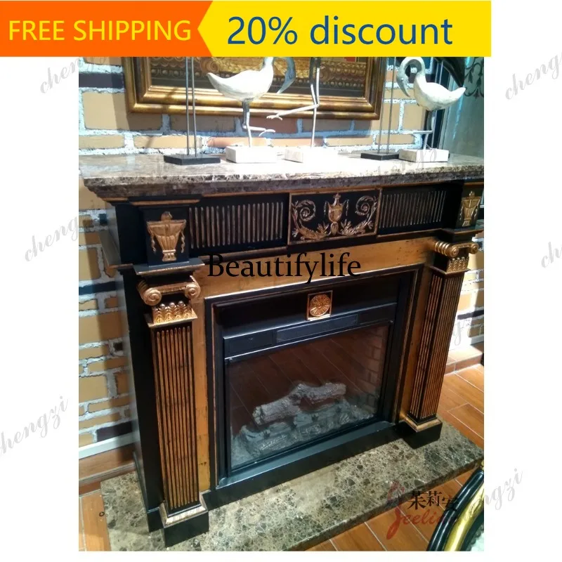 CC85 European solid wood fireplace marble countertop black gold foil heavy industry engraving retro fireplace