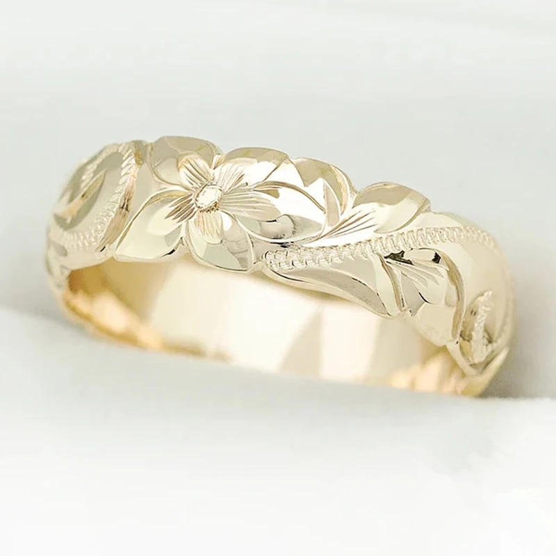Huitan Ästhetische Damen-Eheringe mit Blumenmuster, luxuriöse goldfarbene Verlobungsringe, Statement-Accessoire-Schmuck