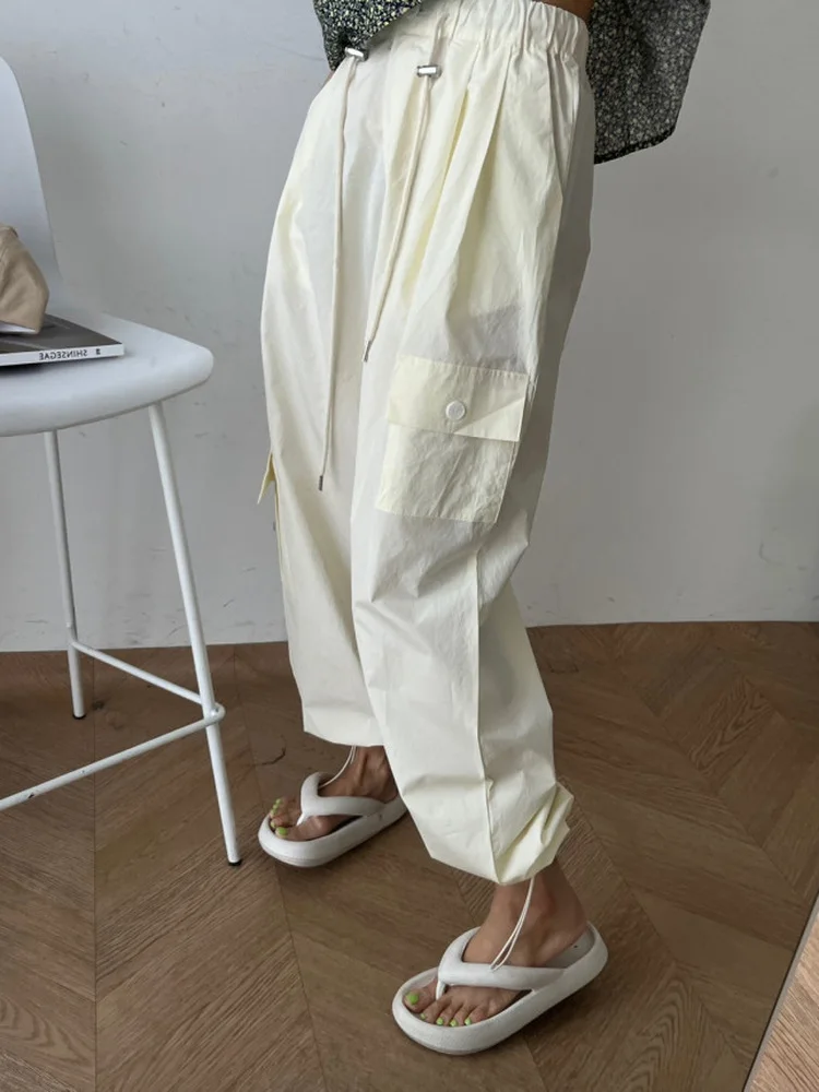 Casual Workwear Pants for Women with Big Pockets Drawstring Waist Loose Slimming Stylish All-Match Cuffed Long Trousers