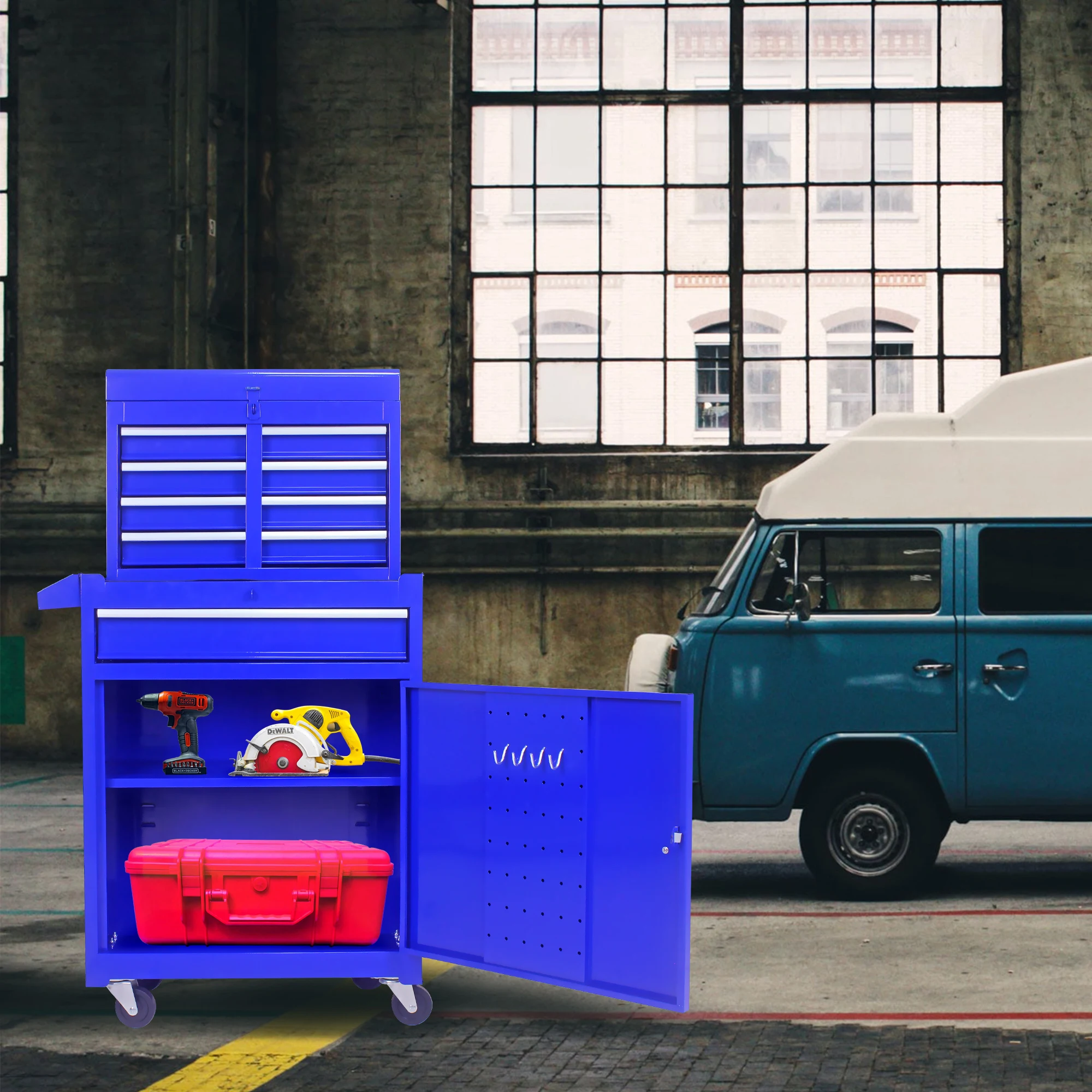 Detachable 5 Drawer Tool Chest with Bottom Cabinet and One Adjustable Shelf-Blue Red Orange