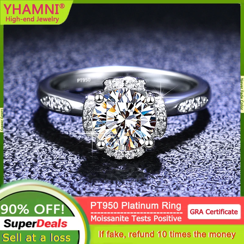 Luxury PT950 Platinum Coronal Crown Design Ring Round 1 Carat Moissanite Diamond Rings for Women Bride Wedding Jewelry