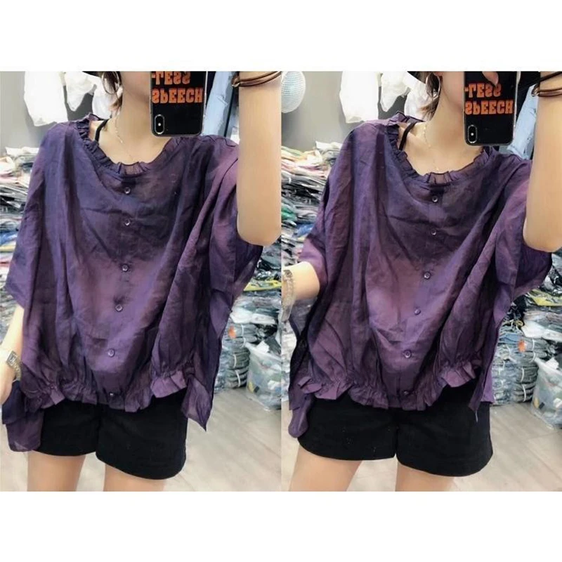 Fashion O-Neck Ruffles Batwing Sleeve Irregular Shirts Women\'s Clothing 2024 Summer New Loose Korean Tops Asymmetrical Blouses