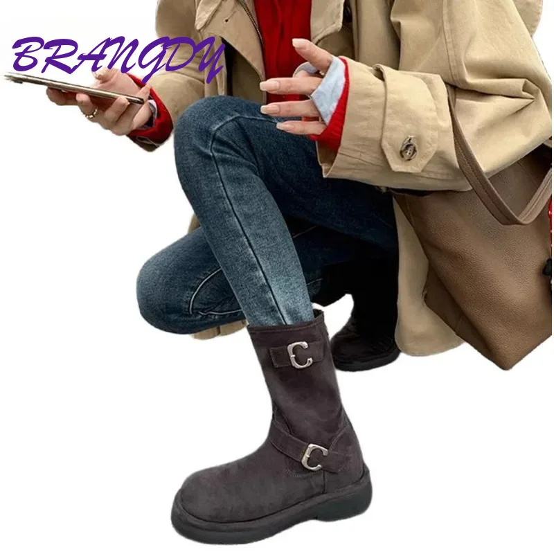 BRANGDY Autumn Winter New Retro Fashion Round Toe Thick Soled High Rise Midsole Short Boots Trendy Cool Versatile Women's Boots