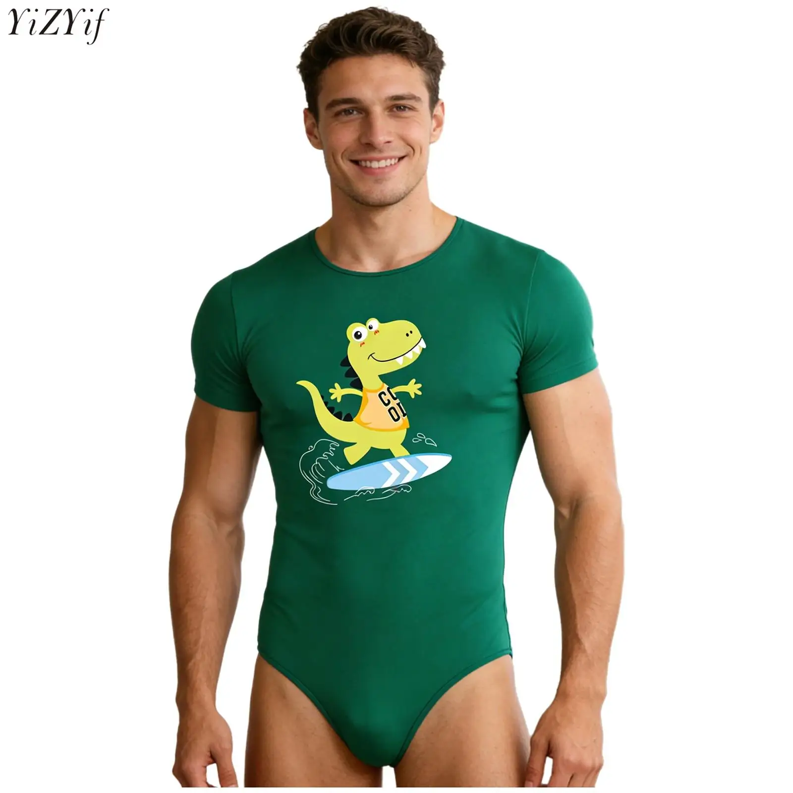 Kawaii Dinosaur Cartoon Print ‌T-shirt Adult Short Sleeve Buttoned Crotch One-piece Leotard Home Pajamas Sexy Men Women Top