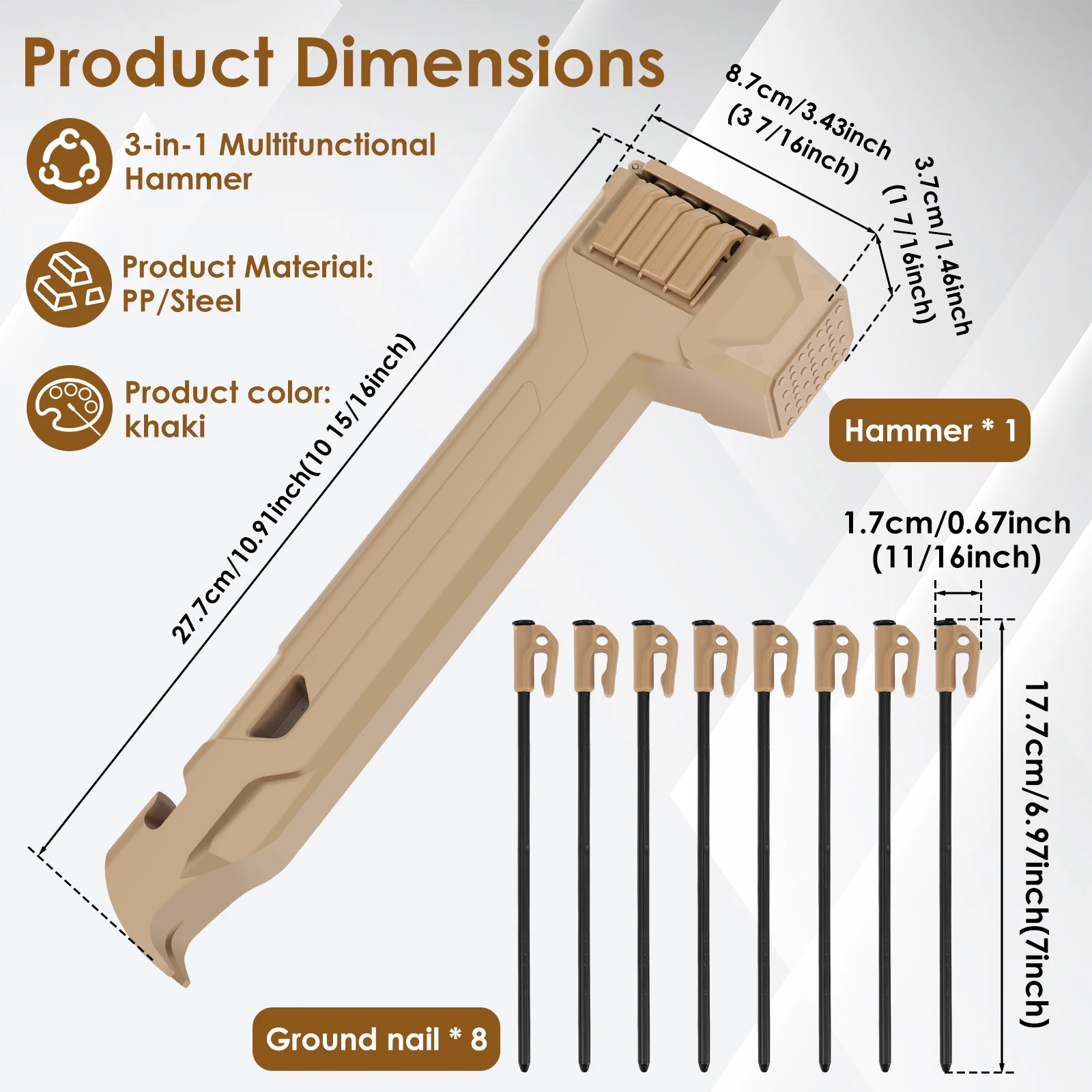 Camping Hammer Multifunctional Tent Stake Hammer 3 In 1 Camping  Hammer with 8 Pegs Camping Mallet Tent Stake Puller for Outdoor
