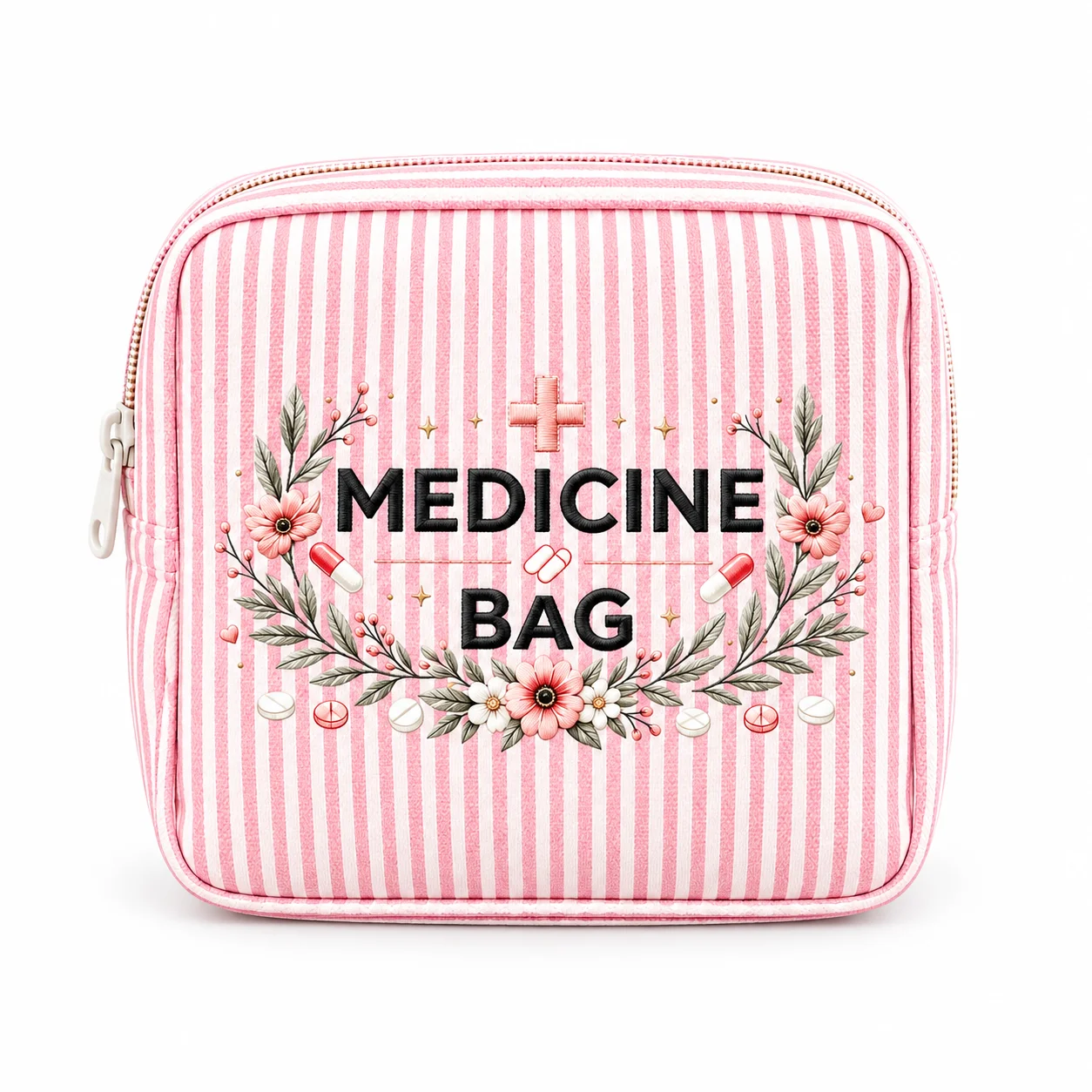 Medicine Bag Floral Print Portable Storage Pouch Pink Striped Travel First Aid Organizer Cosmetic Toiletry Case for Women Girls