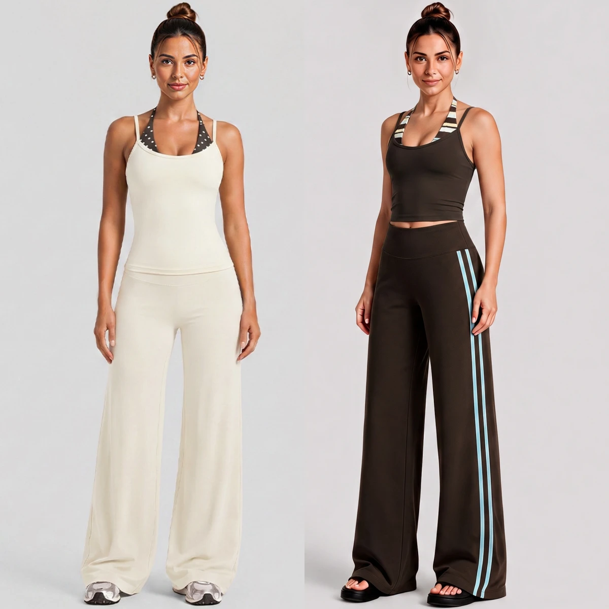 Women 2 Piece Yoga Set Halter Polka Dot Spliced Stripe Tank Top High Waist Wide Leg Pants Gym Workout Fitness Pilates Sports Set