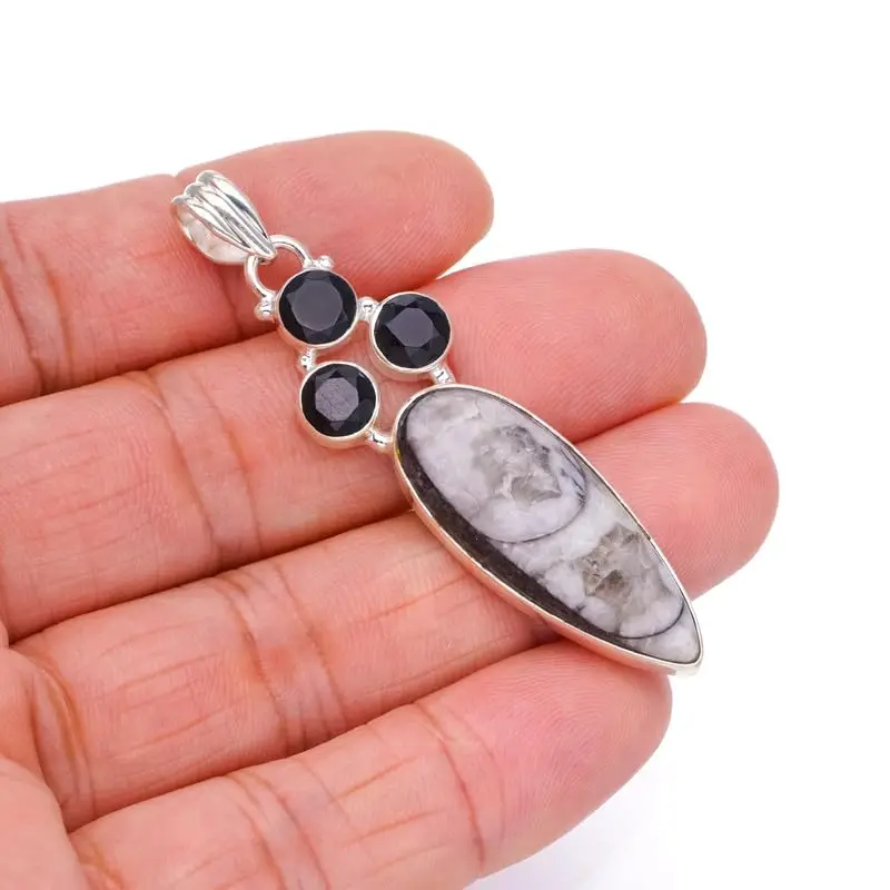 

StarGems Natural Turritella&Black Onyx Handmade 925 Sterling Silver Pendant 2 1/4" F6632