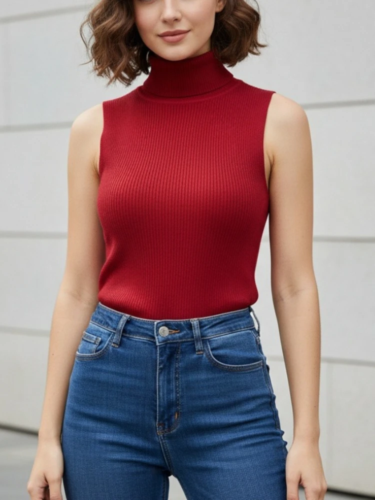 2026 Spring Turtleneck Sweater Women Simple Versatile Slim Solid Knitted Sweater Vest Sexy Sleeveless Sweater Women Tank Tops