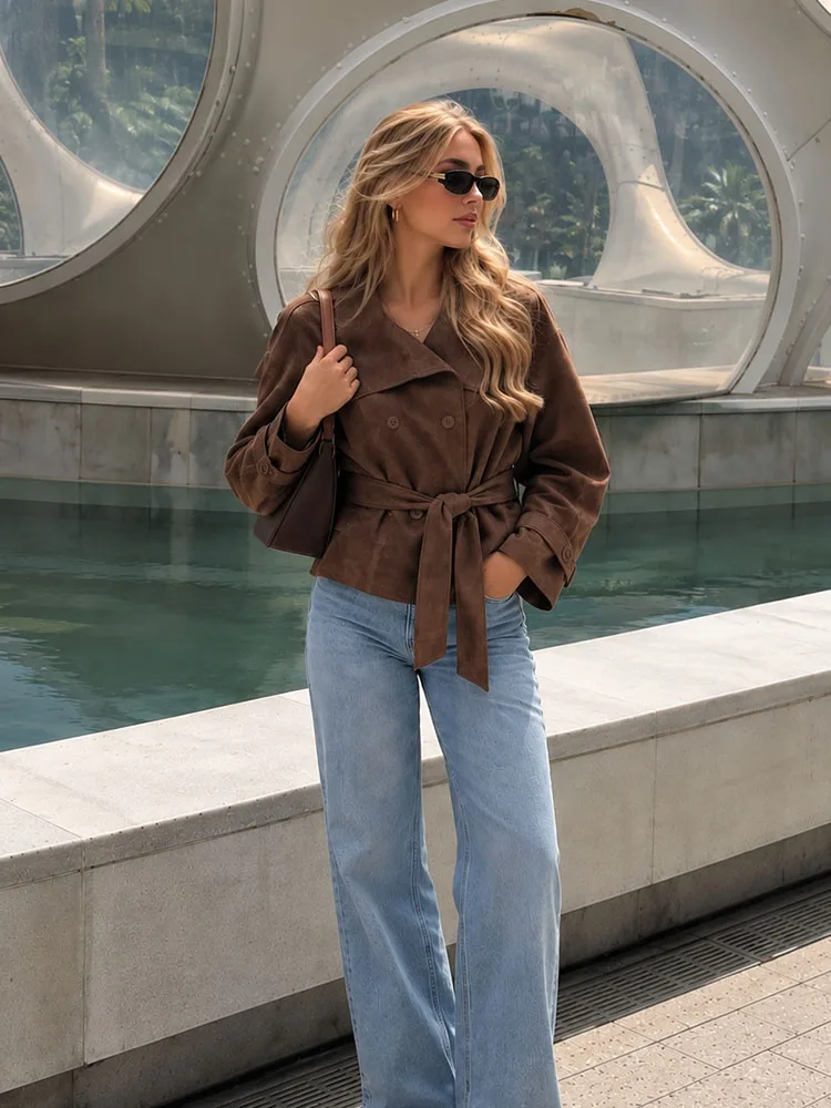 HH Women's Faux Suede Belted Jacket, Double Breasted Lapel Short Coat for Fall Winter Elegant Vintage Casual Office Outerwear