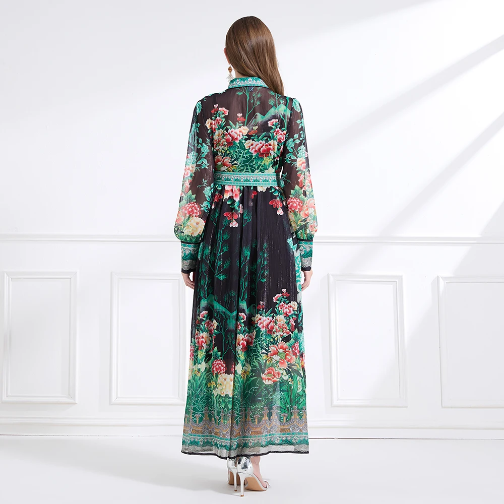 2025 primavera/verão chiffon camisa gola impressa vestido longo vintage manga longa lanterna cintura-emagrecimento vestido conjunto de duas peças