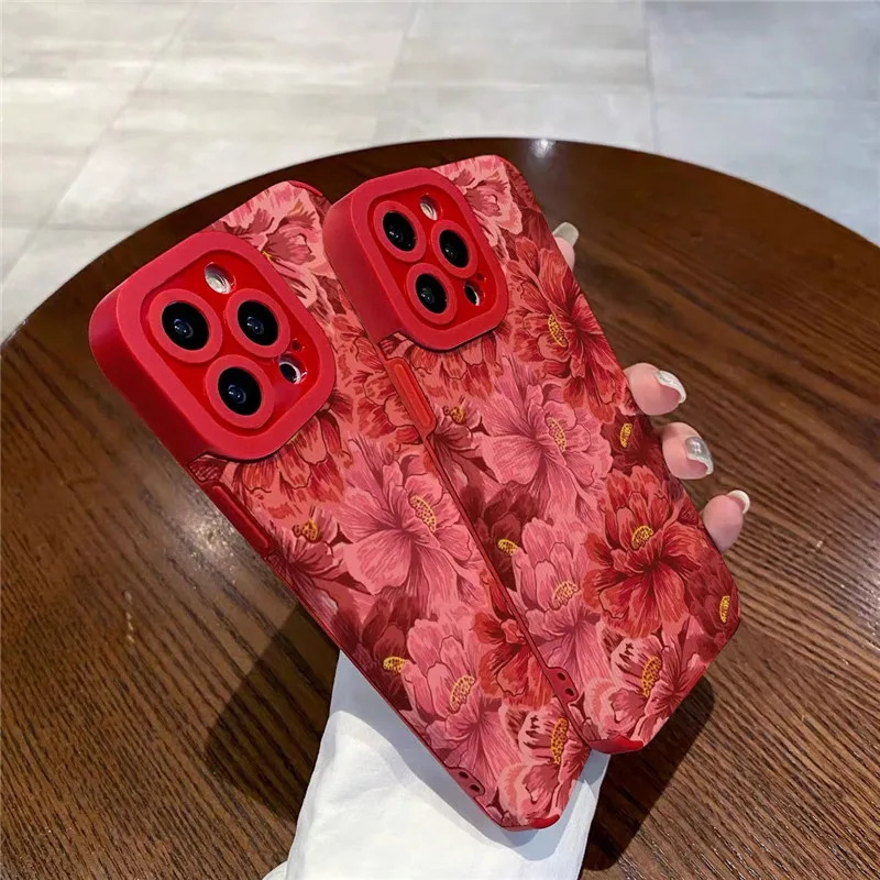 Ottwn Luxury Red Flowers Pattern Phone Case For iPhone 13 12 11 Pro Max XR XS 15 14 Plus Lens Protection Soft Bumper Back Covers