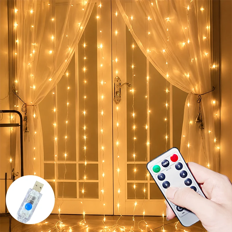 Remote USB Window Curtain String Lights LED Fairy Lights with Twinkle Wave Flashing Modes for Bedroom Wedding Christmas Decor