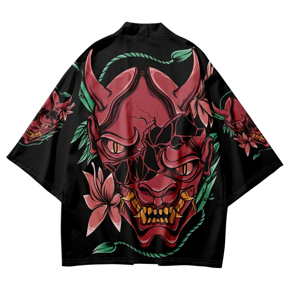 

Cracked Demon Mask Print Japanese Kimono Oversized Tops 6XL 5XL 4XL Summer Beach Shirts Men Women Cardigan Haori Plus Size