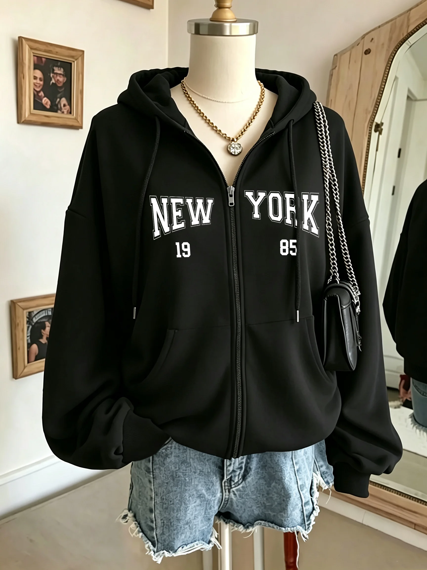 New York 1985 Art Letter Prints Damen-Kapuzenpullover mit Reißverschluss, Hip-Hop-Fleece-Kapuzenpullover, lässiger, lockerer Kapuzenpullover, Herbst, bequeme Streetwear – Detail 9