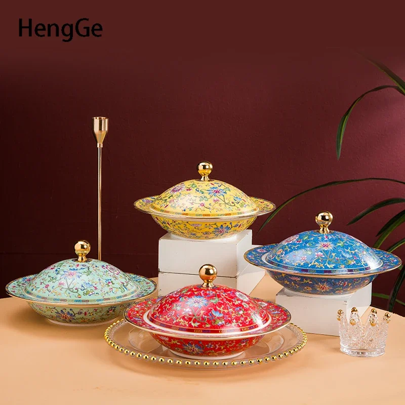 Enamel Colored Soup Plate Retro Palace Style Golden Border Deep Plates Round Top with Lid Household Ceramic Dining Plate Dishes