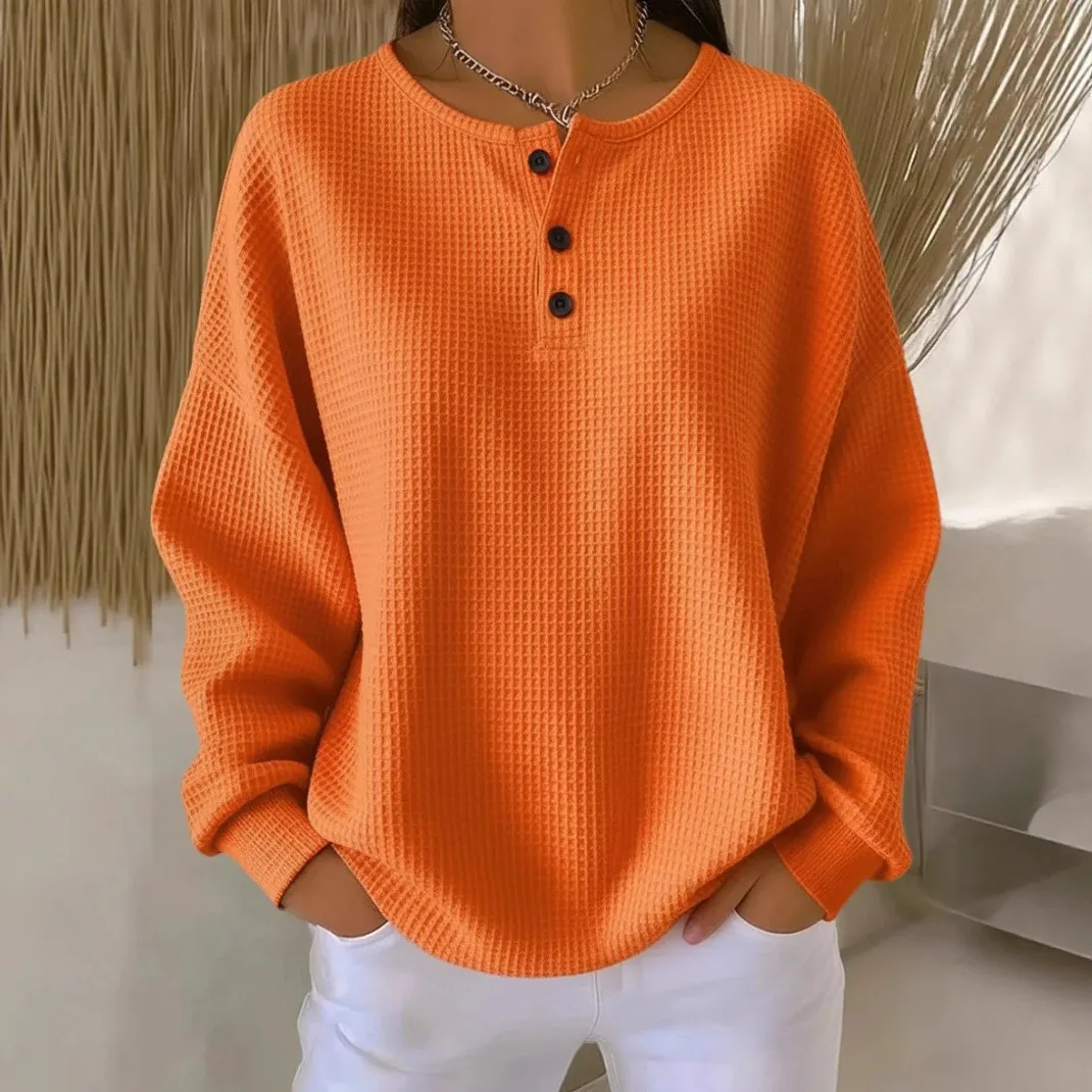 

Women's Long Sleeve T-shirt Elegant Solid Color Pullover Tops Casual Office Female Tees 2025 Spring Autumn O Neck Button Splice