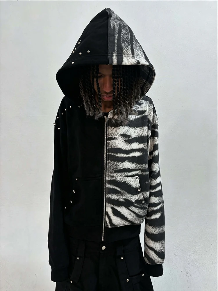 Retro Zipper Hoodie Color Block Stripe Print Long Sleeve Unisex Street Jacket Winter Sports Shirt for Men And Women