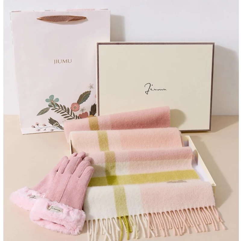 Women's Cashmere-Like Scarf And Glove 2pc Set Soft Warm Winter Accessories Pink Color with Gift Box for Mother Or Girls