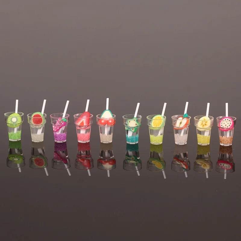 10Pcs Cute Fruit  Luminous Straw Cup Dollhouse Miniature Drink Beverage Bottle Model Doll Kitchen Scene Decor