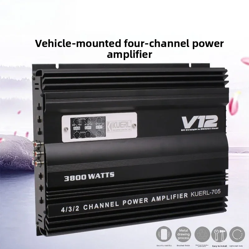 New V12 Four-channel 12V Car Power Amplifier 705 Four-way Car Audio Power Wire Drawing Process Lightweight