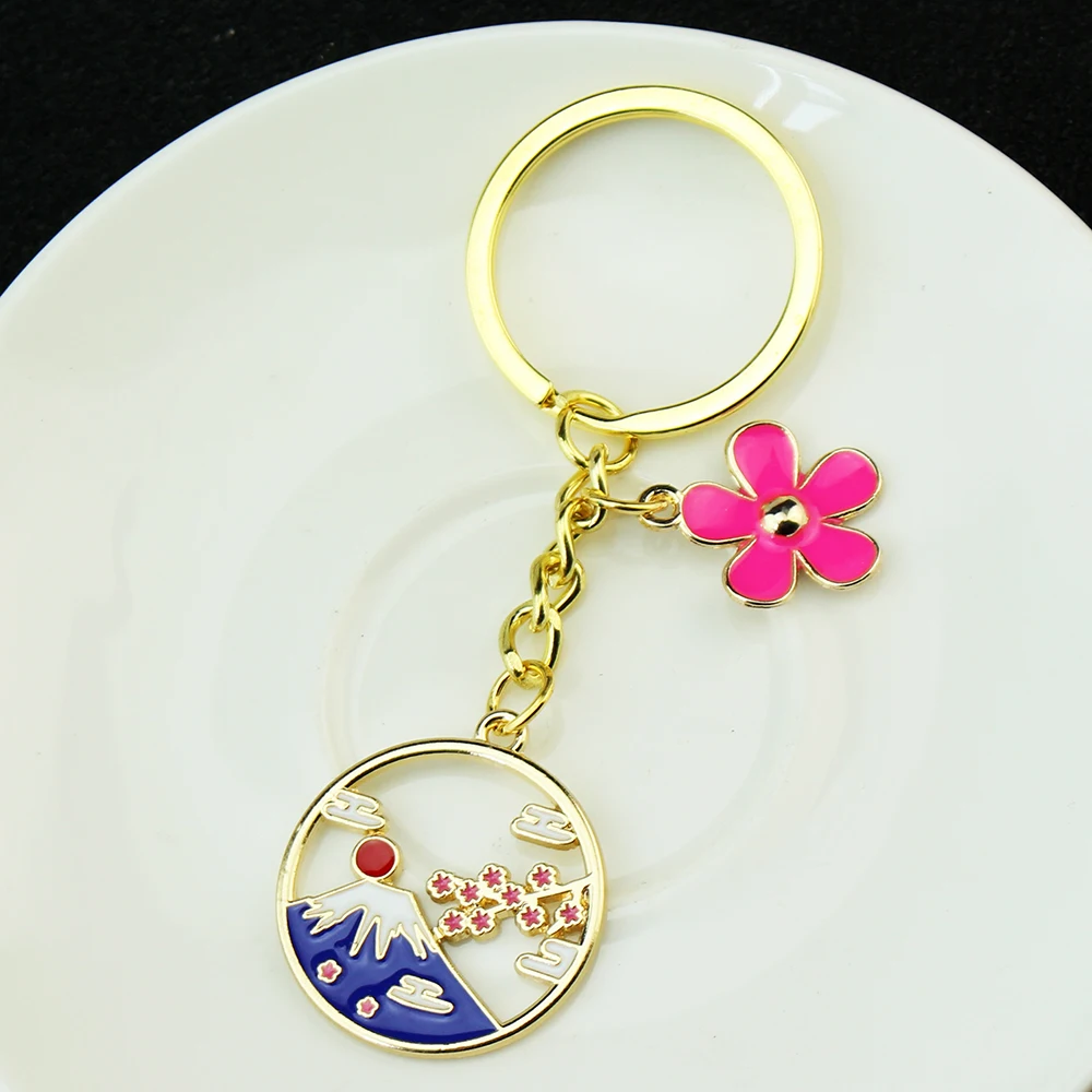 Cartoon Keychain Japan Fuji Mountain Sakura Key Ring Flower Enamel Key Chains Souvenir Gifts For Women Men DIY Handmade Jewelry