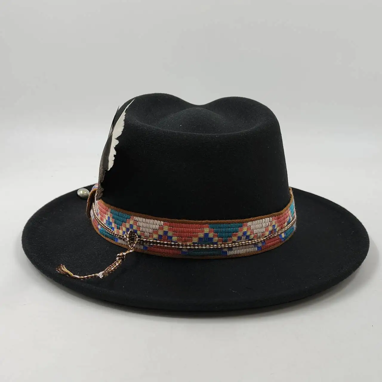 Feather Fedoras Hat for Men Women Black Felt Wide Brim Jazz Cap Gentleman Caps Plum Blossom 8 Playing Card Design Fedora Hat