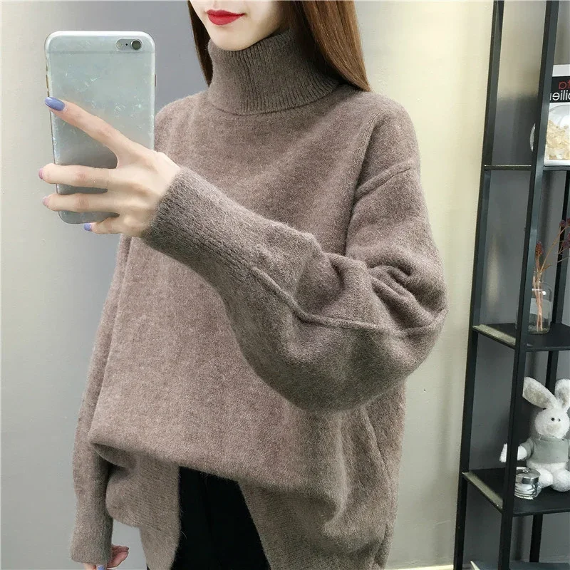 

Women Thick Turtleneck Sweater Winter Clothing Girls Loose Vintage Brown High Neck Sweater Long Sleeve Knitted Pullover Knitwear