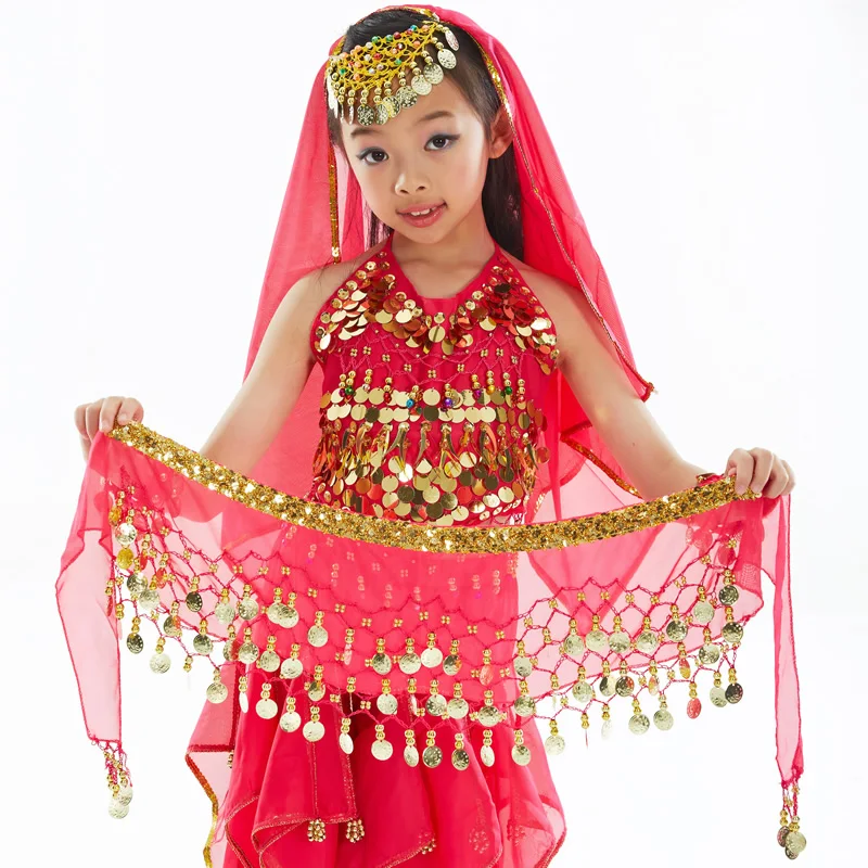 Customized Children's Chiffon Belly Dance Belt Waist Chain with 3 Rows of Bright Slices and Chain Edges Indian Hip Towel Belt