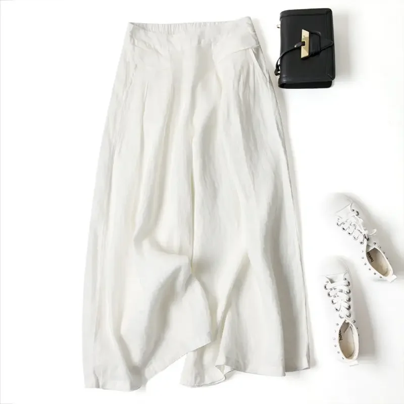 2023 Summer Women Pants Elastic Waist Cotton Linen Casual Solid Loose Wide Leg Skirt Pantalon Lino Mujer Брюки