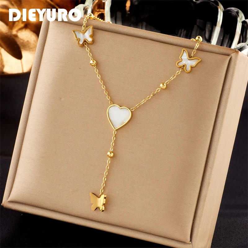 DIEYURO 316L Stainless Steel Heart Butterfly Long Pendant Necklace For Women New Trend Girls Clavicle Chain Party Jewelry Gifts