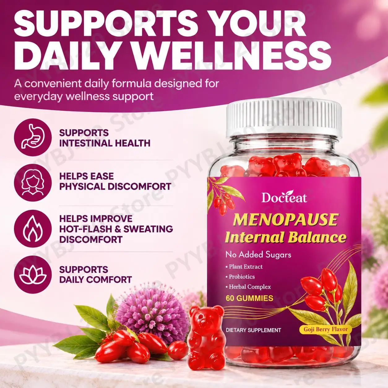 Docteat Menopause Internal Balance Gummies - Hot-Flash Relief Sweating Comfort & Intestinal Health Probiotic Herbal Complex 60ct